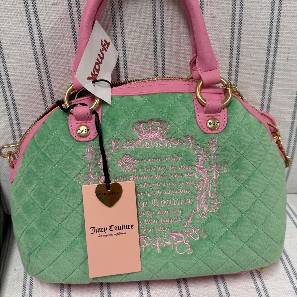 Juicy Couture Pink Trim Green Quilted Dome Satchel